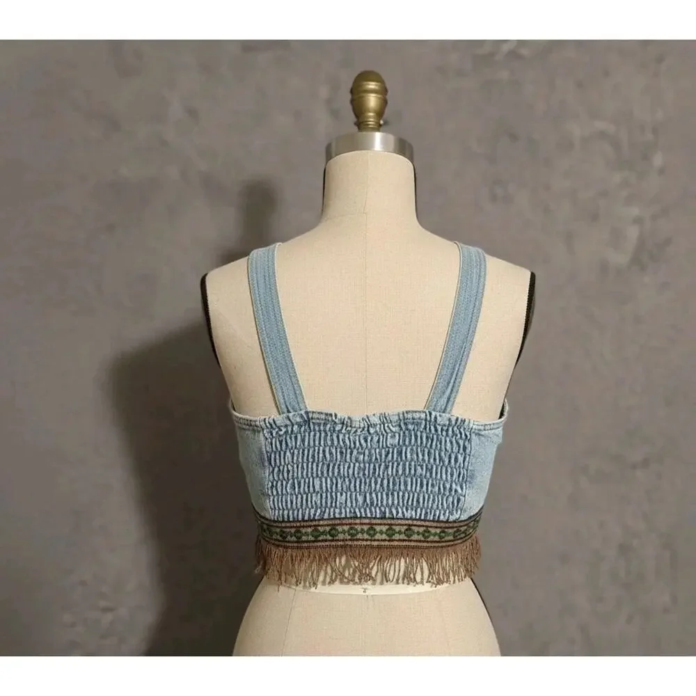 Vtg Maximum Energy USA Blue Denim Fringe Boho Tank Crop Top Womans Size Medium - Picture 2 of 9